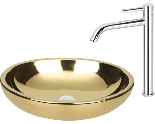 Opzetwastafel in goud met kraan in chroom
