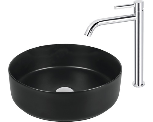 Zwarte keramische opzetwastafel met chromen eenhendelmengkraan