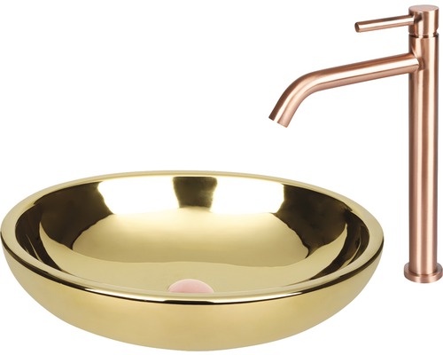 Goudkleurige waskom met kraan