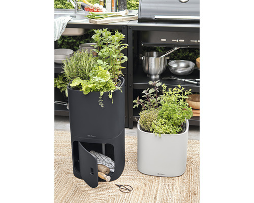 Twee plantenbakken met kruiden op een vloerkleed voor een buitenkeuken.