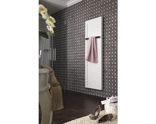 Badkamer met handdoekradiator, handdoek en decoratieve elementen voor een stijlvolle ambiance