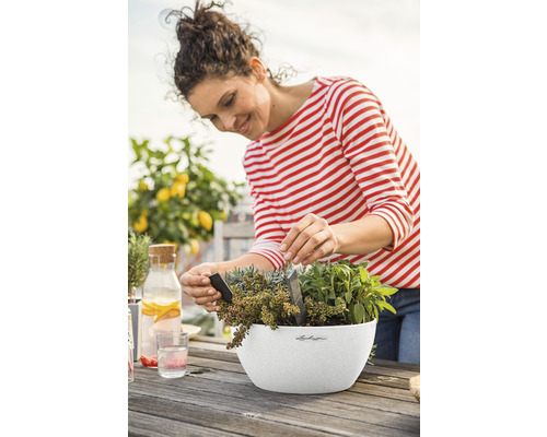 Vrouw plant kruiden in een bloempot op een houten tafel buiten.