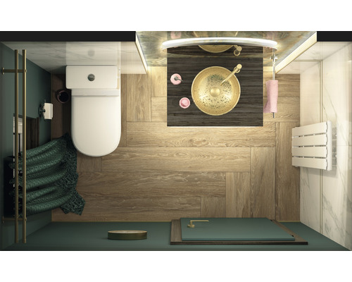 Bovenaanzicht van een badkamer met toilet, wastafel en douche