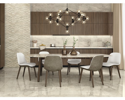 Lichte eetkamer met eettafel, stoelen en moderne verlichting voor een keukenachtergrond