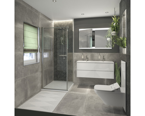 Badkamer met douche, wastafel, spiegel en toilet