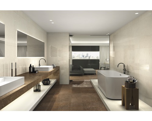 Moderne badkamer met dubbele wastafel, bad en tegels