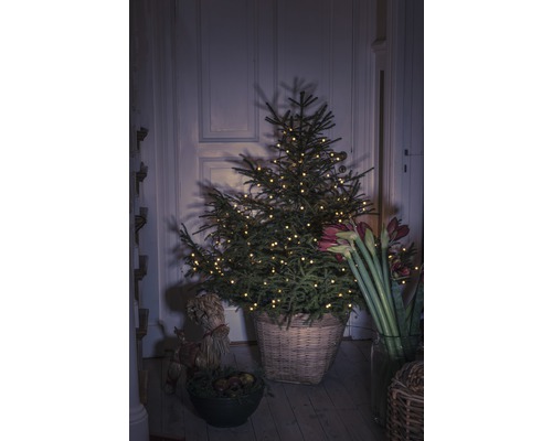 Versierde kerstboom in gevlochten mand met amaryllis en strofiguur