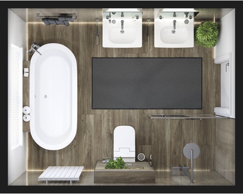 Bovenaanzicht van een badkamer met bad, wastafels, toilet en douche