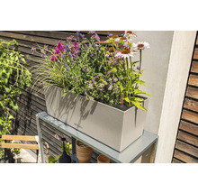 Beige plantenbak met diverse planten op een metalen rek in de tuin.