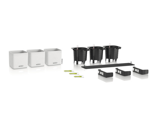 Plantenbakset met irrigatiesysteem, bestaande uit plantenbakken, waterniveau-indicator en accessoires