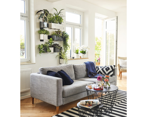 Woonkamer met grijze bank, wandbeplanting en zwarte draad salontafels