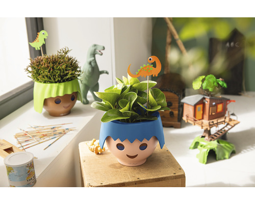 Decoratieve plantenbakken in de vorm van stripfiguren met planten en dinosaurusstekers