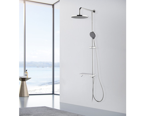 Douchesysteem met hoofd- en handdouche op een douchestang met plank