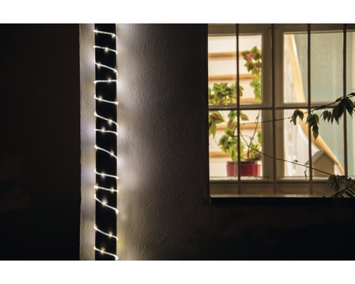 Buitenaanzicht van een huis met een lichtketting om een pilaar en een raam met planten.