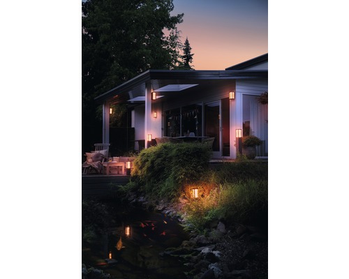 Verlicht huis met tuin en vijver in de avond