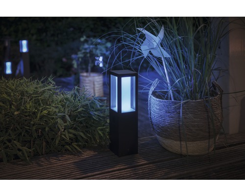 Scene met tuinverlichting, plantenbak en windmolen op een houten terras