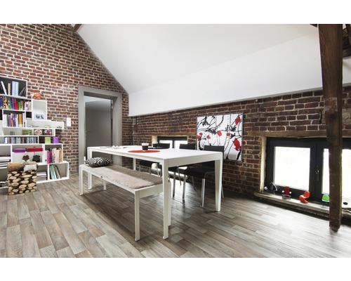 Lichte eetkamer met eettafel, bank, stoelen en boekenkast tegen een bakstenen muur