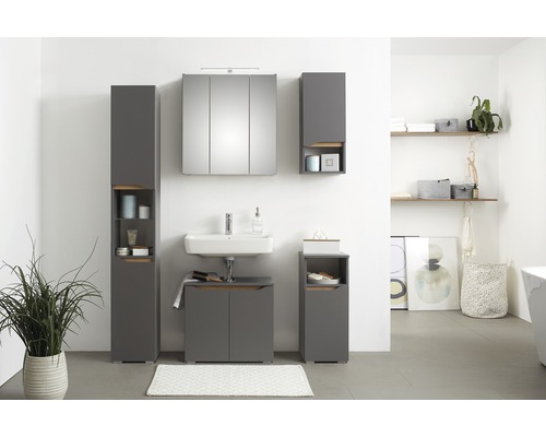 Moderne badkamer met grijze meubels, spiegelkast en opbergruimte