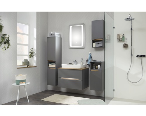 Badkamer met wastafelonderkast, spiegelkast met verlichting, hoge kast en douche.