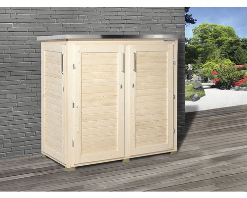 Houten tuinkast met dubbele deur en roestvrijstalen afdekking