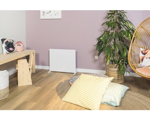 Woonkamer met witte verwarming, kamerplant en zitplaatsen