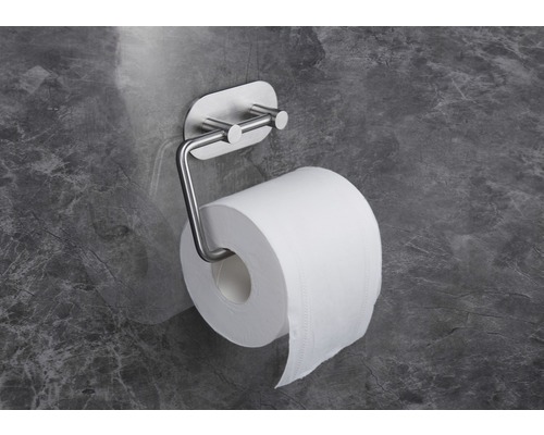 Toiletpapierhouder van roestvrij staal met een rol toiletpapier.