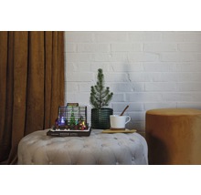 Decoratieve scène met miniatuurkas, kleine boom, kop en kruk