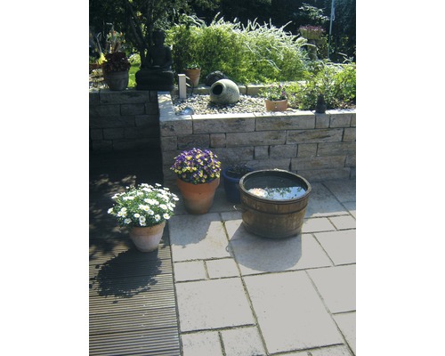 Decoratieve tuin met natuurstenen muur, Boeddhabeeld, planten in potten en een waterbak