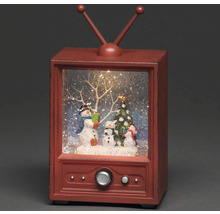 Decoratieve sneeuwbol in de vorm van een televisie met sneeuwpopmotief en kerstboom