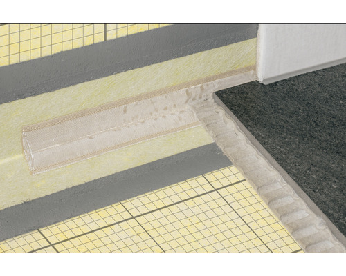 Detailweergave van de opbouw van een badkamer met tegels, isolatie en afdichtband