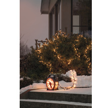 Decoratieve buitenlamp met lichtketting en vogelmotief op een besneeuwde trap.