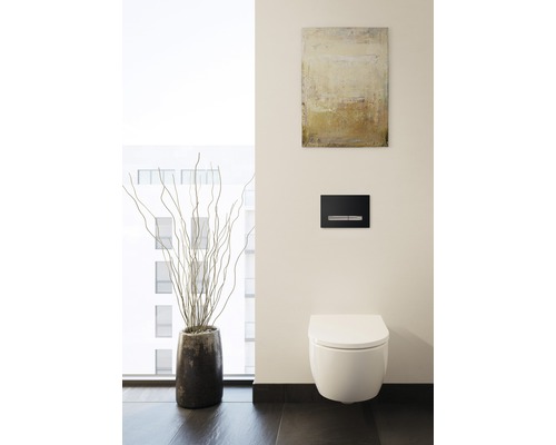 Moderne badkamer met wandcloset, bedieningspaneel en decoratie