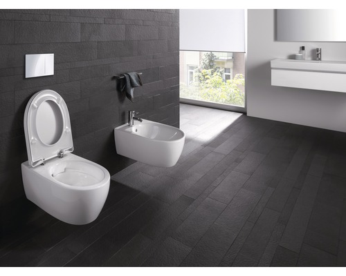 Badkamer met wandcloset, bidet en wastafel