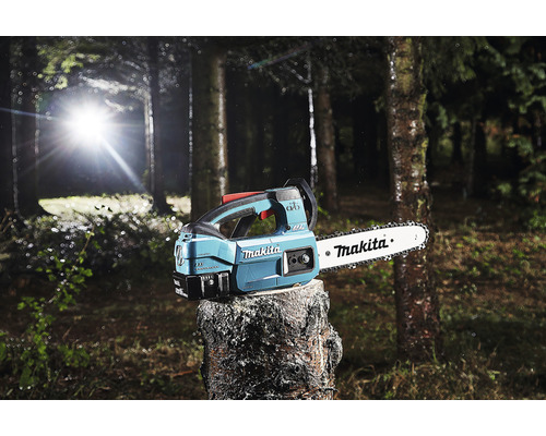 Makita kettingzaag op boomstronk in bos