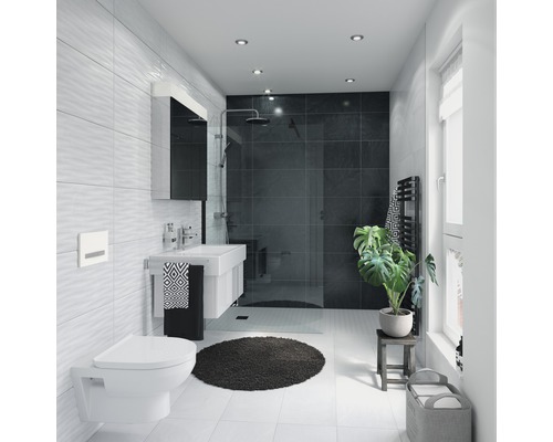 Moderne badkamer met douche, wastafel, toilet en tegels