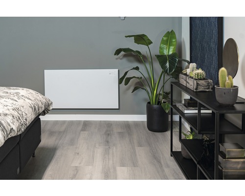 Lichte slaapkamer met wandverwarming, plant en plank