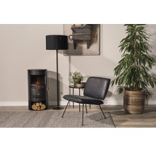 Woonkamer met elektrische haard, staande lamp, fauteuil, bijzettafel, kamerplant en vloerkleed