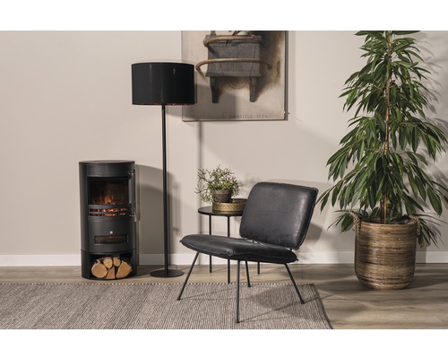 Woonkamer met elektrische haard, staande lamp, fauteuil, bijzettafel, kamerplant en vloerkleed
