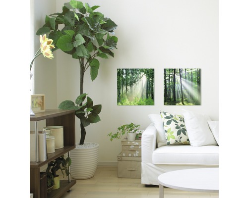 Woonkamer met muurdecoratie met bosmotieven, plant en bank