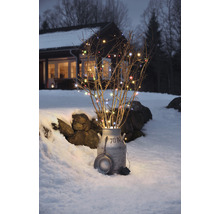 Decoratieve lichtslinger met takken in een melkbus in de sneeuw voor een huis