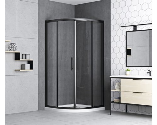 Badkamer scène met hoekinstapdouche met zwart frame