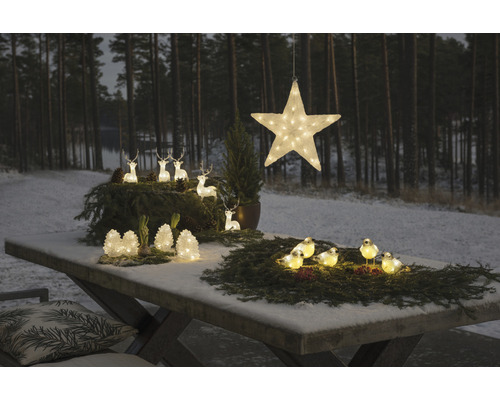 Kerst tafeldecoratie met ster, herten en vogels, verlicht