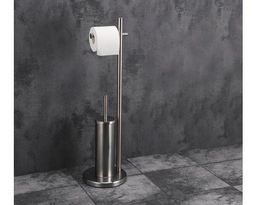 Vrijstaande toiletgarnituur van roestvrij staal met toiletpapierhouder en borstel