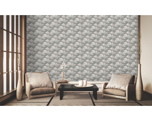 Woonkamer met behang met patroon en meubels in Japanse stijl