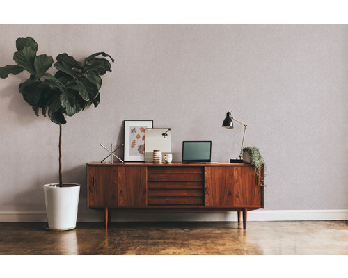 Woonkamerscène met dressoir, kamerplant en decoratie