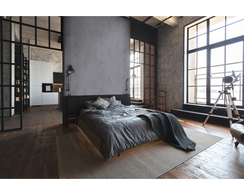 Loft-stijl slaapkamer met bed, vloerkleed, ramen en open keuken.
