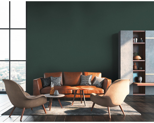 Woonkamer met bank, fauteuils, salontafels en rek