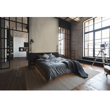 Slaapkamer in loftstijl met bed, tapijt en ramen met roeden