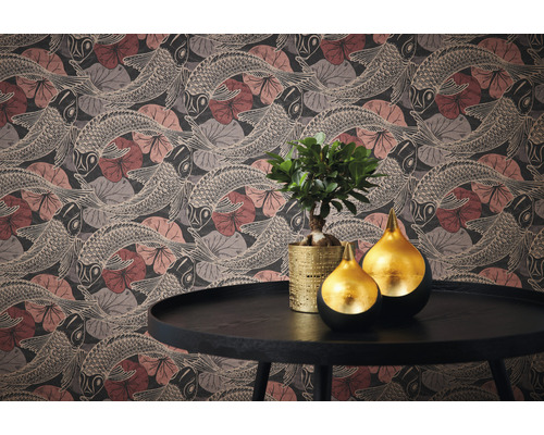 Behang met patroon van vissen en waterleliebladeren