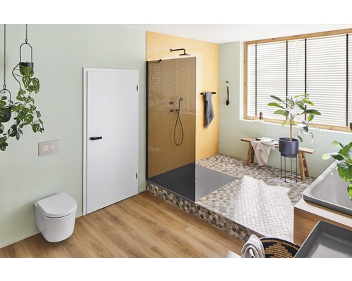 Badkamer met douche, toilet, deur en decoratie